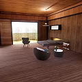Cozy Hotel Guest Room With Wooden Walls Large Windows Natural Views And Modern Furniture