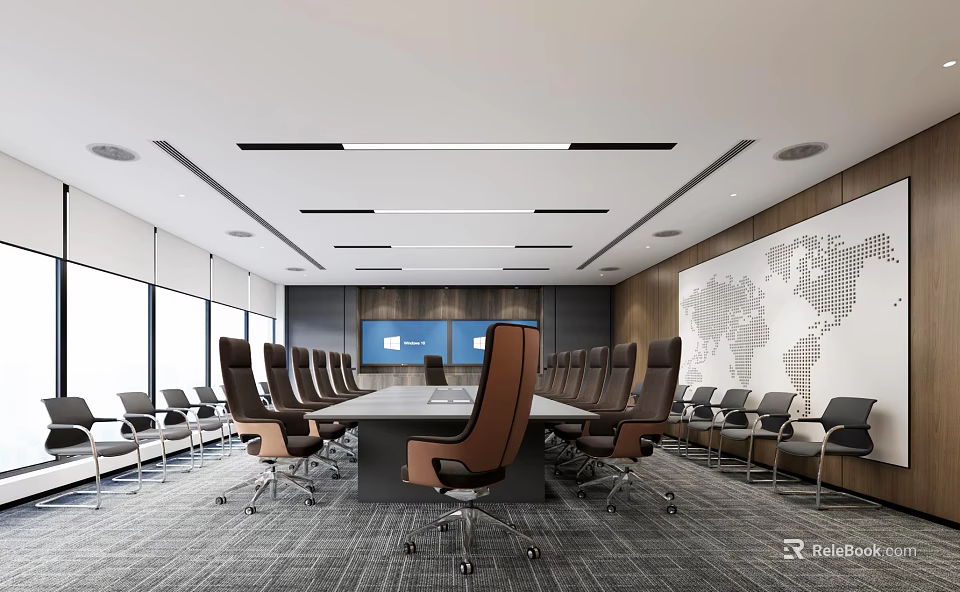 Modern Conference Room Interior With Large Table Brown Chairs World Map Large Screen And Windows 3d model
