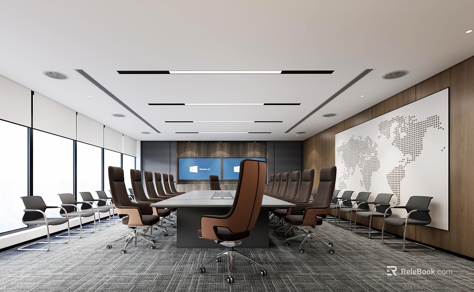 Modern Conference Room Interior With Large Table Brown Chairs World Map Large Screen And Windows 3d model 