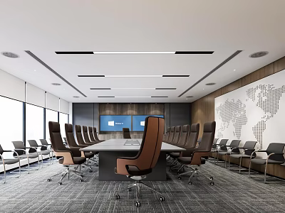 Modern Conference Room Interior With Large Table Brown Chairs World Map Large Screen And Windows 3d model