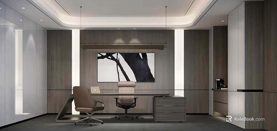 Modern Office Interior With Wooden Walls Desk Chairs And Abstract Artwork 3d model 