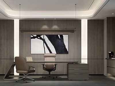 Modern Office Interior With Wooden Walls Desk Chairs And Abstract Artwork 3d model