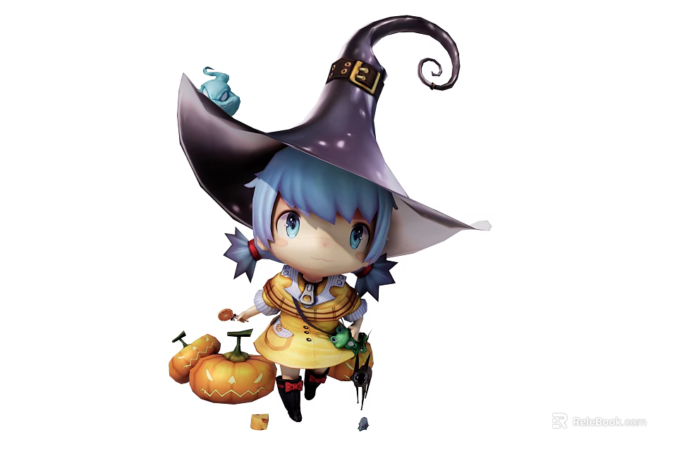 Blue Haired Game Movie Character With Witch Hat Pigtails Pumpkins Teapot And Broom 3d model 