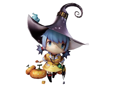 Blue Haired Game Movie Character With Witch Hat Pigtails Pumpkins Teapot And Broom 3d model