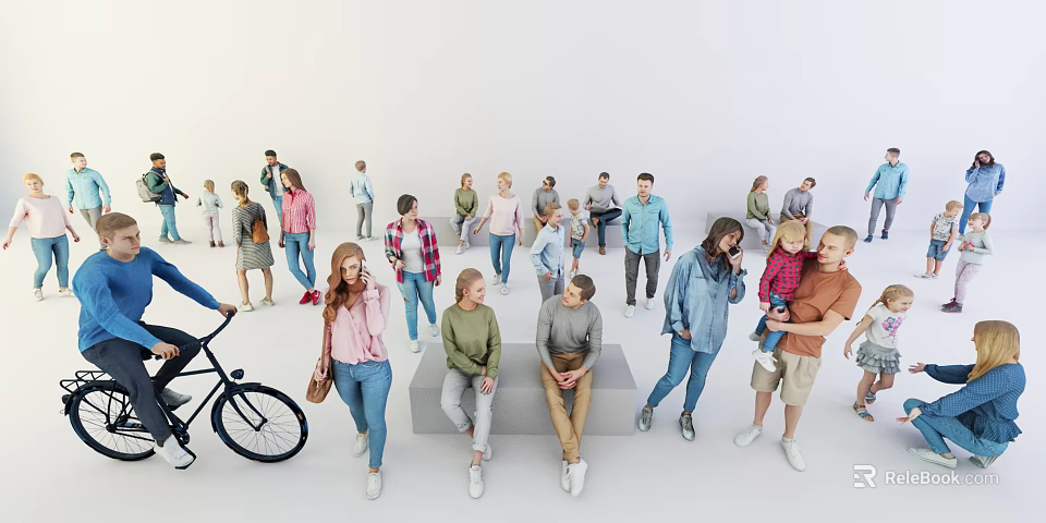 Diverse Crowd of People in White Background with Standing Sitting Biking and Child Holding Poses 3d model 