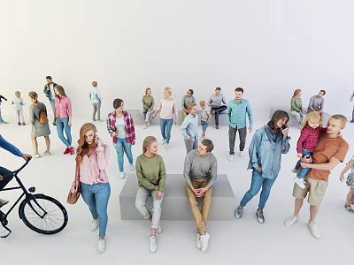 Diverse Crowd of People in White Background with Standing Sitting Biking and Child Holding Poses 3d model