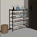 Multi Tier Shoe Rack Organizer With Various Shoes Beige Storage Stool And Decor Items 3d model