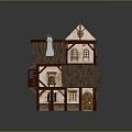 Medieval Wooden Building With Brown Roof Multi Level Design Chimney Arched Windows and Sandy Base