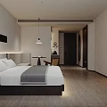 Minimalist Hotel Guest Room With King Bed Wooden Chair Wall Art And Soft Lighting