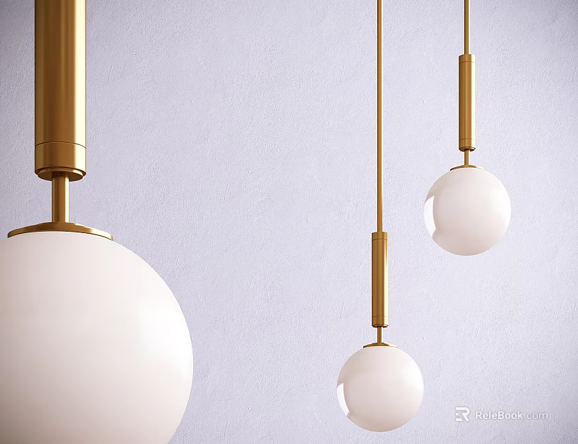 Modern Elegant Pendant Lights With Brass Fixtures And White Glass Shades Against Light Gray Wall 3d model 