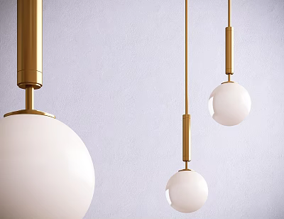 Modern Elegant Pendant Lights With Brass Fixtures And White Glass Shades Against Light Gray Wall 3d model