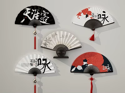 Traditional Chinese Style Fan Wall Hangings With Calligraphy And Floral Designs For Home Decor 3d model