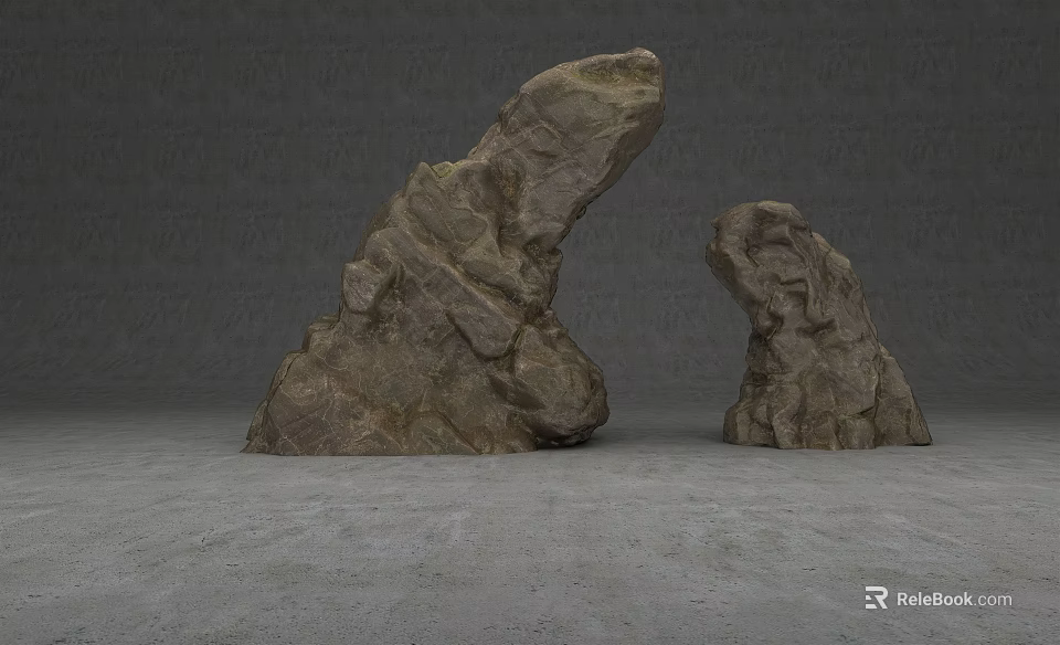 Natural Stone And Wood Decorative Items With Textured Surfaces On Gray Floor 3d model 