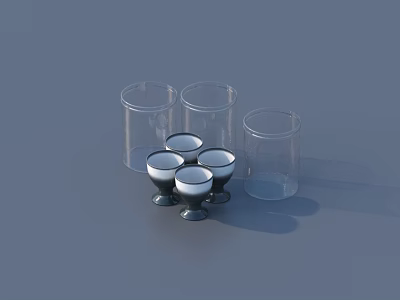 Stylish Transparent Glass Wine Bottles and Wine Glasses Arranged on Gray Background 3d model