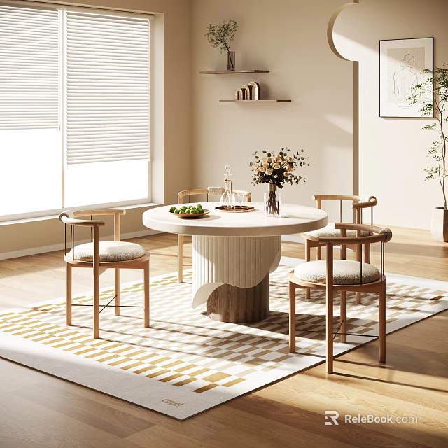 Modern Round Dining Table Set With Four Upholstered Chairs Geometric Rug And Potted Plant 3d model 