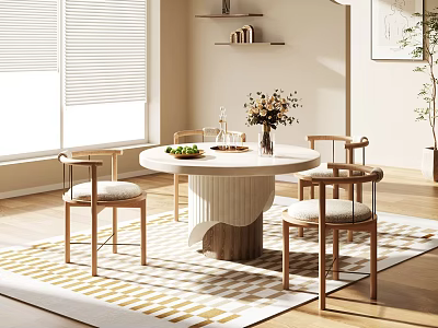 Modern Round Dining Table Set With Four Upholstered Chairs Geometric Rug And Potted Plant 3d model
