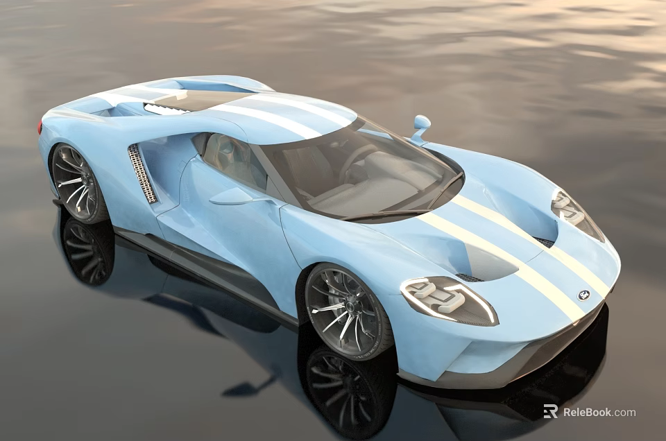 Blue Sports Car With White Racing Stripes Modern Aerodynamic Design On Shiny Reflective Surface 3d model 