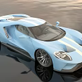 Blue Sports Car With White Racing Stripes Modern Aerodynamic Design On Shiny Reflective Surface