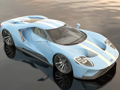 Blue Sports Car With White Racing Stripes Modern Aerodynamic Design On Shiny Reflective Surface 3d model