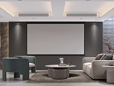 Modern Basement Living Room With Sofas Armchairs And Projection Screen 3d model