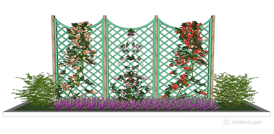 Climbing Vines With Colorful Flowers On Green Lattice Fence And Purple Plants At Bottom 3d model 
