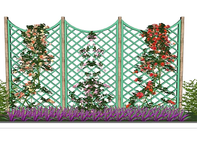 Climbing Vines With Colorful Flowers On Green Lattice Fence And Purple Plants At Bottom 3d model