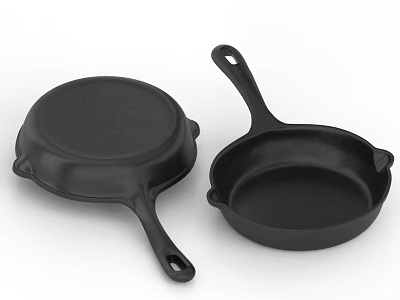 Two Black Cast Iron Pans With And Without Lids And Handles For Kitchen Cookware 3d model