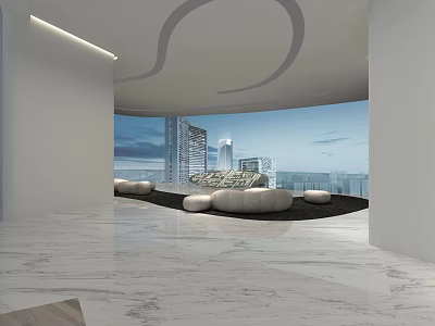 Modern Sales Office Interior With Curved Ceiling Marble Floor And City View Through Windows 3d model