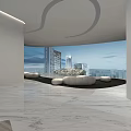 Modern Sales Office Interior With Curved Ceiling Marble Floor And City View Through Windows