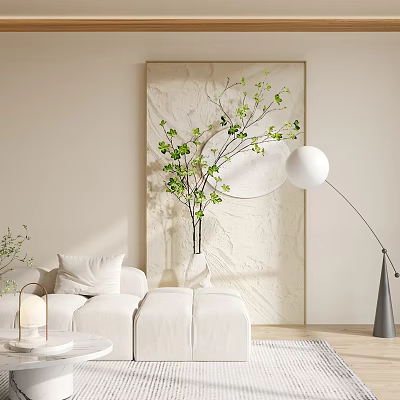 Minimalist Living Room With White Sofa Floor Lamp And Greenery 3d model