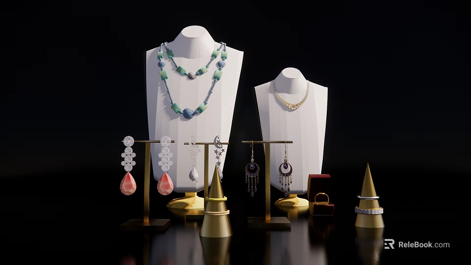 Fashionable Jewelry Collection With Necklaces Earrings Ring On Mannequins And Stands 3d model 