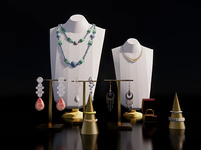 Fashionable Jewelry Collection With Necklaces Earrings Ring On Mannequins And Stands 3d model