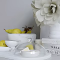 Elegant Decorative Ornament Set With White Flowers Marble Vase Yellow Pears White Bowl And Books