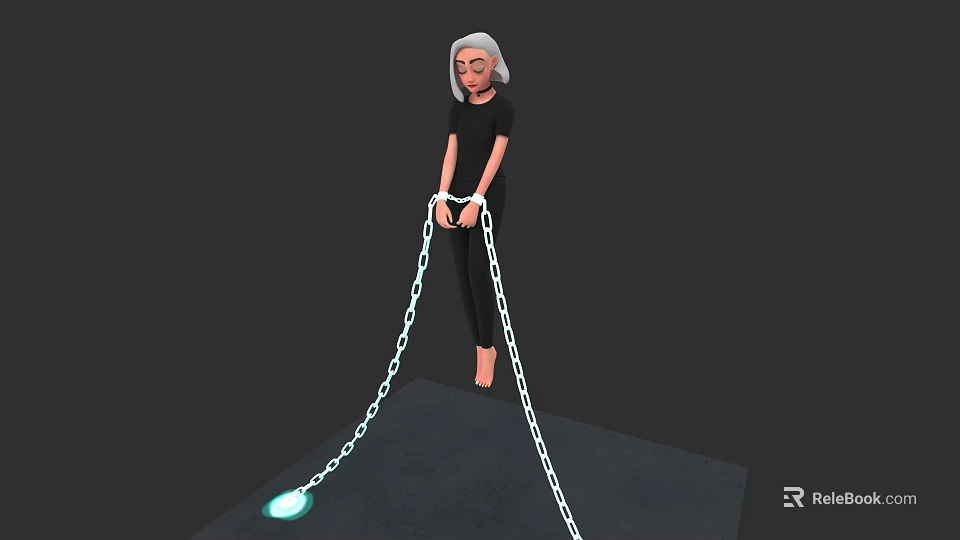 Woman Standing On Platform Bound By Chains With Glowing Light At End 3d model