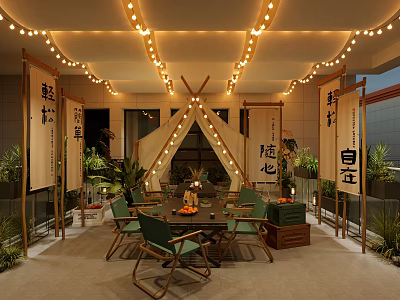 Outdoor Restaurant With Tent Like Structure String Lights Wooden Signs And Green Plants 3d model