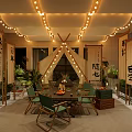 Outdoor Restaurant With Tent Like Structure String Lights Wooden Signs And Green Plants
