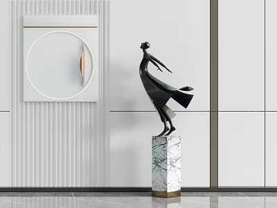 Black Modern Sculpture on Marble Pedestal with Round Mirror in White Striped Wall Interior 3d model