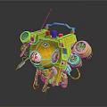 Yellow Mechanical Robot Creature With Circular Propellers Red Blue Lights Antenna And Complex Metallic Structure 3d model