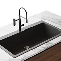 Modern Black Kitchen Sink With Stainless Steel Faucet On Marble Countertop And Wooden Cabinet