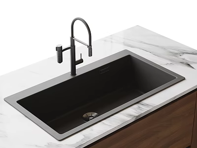 Modern Black Kitchen Sink With Stainless Steel Faucet On Marble Countertop And Wooden Cabinet 3d model