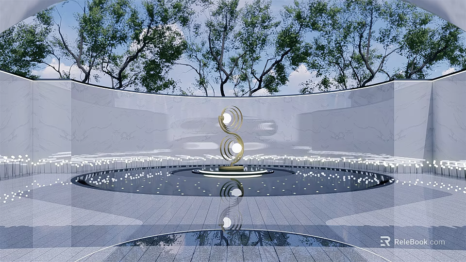 Golden Spiral Sculpture in Center of Pool With White Walls and Natural Background 3d model 
