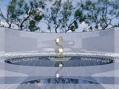 Golden Spiral Sculpture in Center of Pool With White Walls and Natural Background 3d model
