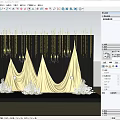 Elegant Floral Installation with Golden Conical Drapes White Flowers and Hanging Decorations on Black Background