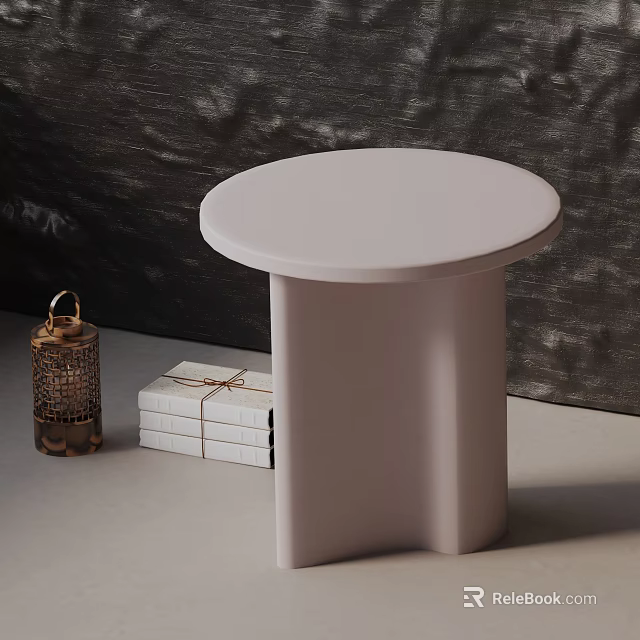 Round White Modern Side Table with Brass Lantern and Stacked White Books against Dark Wall 3d model 