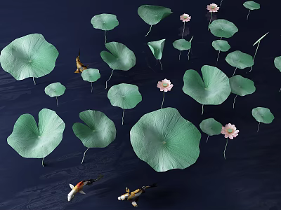 Green Lily Pads And Pink Lotus Flowers With Koi Fish On Dark Water Surface 3d model