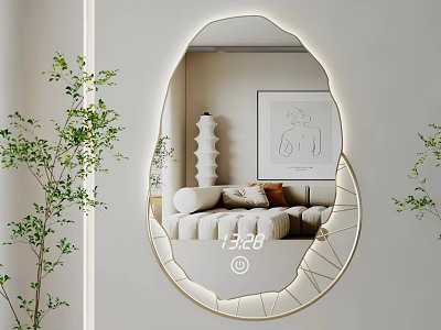 Oval Gold Framed Mirror With Clock Display Reflecting Modern Living Room Sofa And Green Plants 3d model
