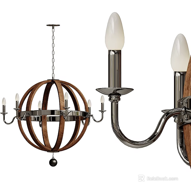 Modern Wooden Frame Metal Arm Chandelier With Candle Shaped Lights And Hanging Chain 3d model 
