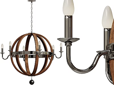 Modern Wooden Frame Metal Arm Chandelier With Candle Shaped Lights And Hanging Chain 3d model