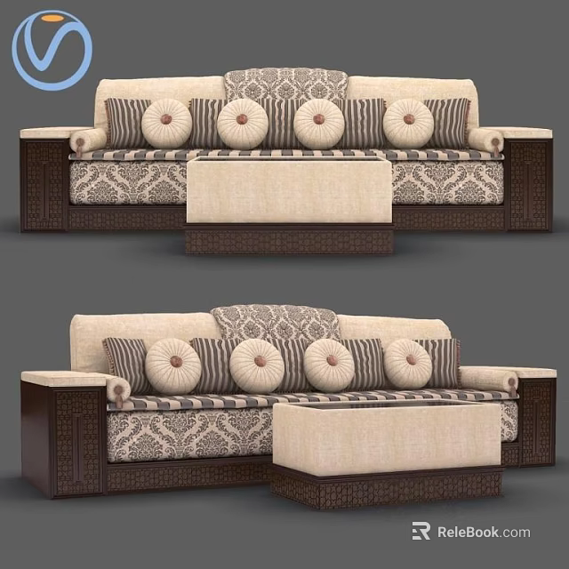 Large Beige Upholstered Multi Seat Sofa with Four Round Patterned Cushions and Brown Ottoman 3d model
