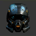Futuristic Weapon Helmet with Metallic Shell Blue Orange Glowing Lights and Advanced Design